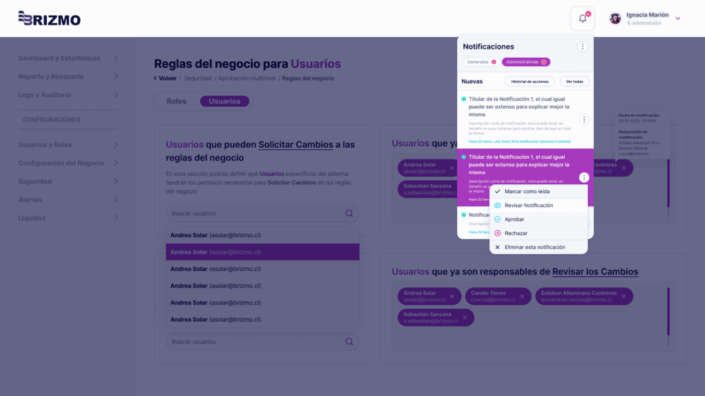 Administrativas - Deplegable con Opciones en Notificación