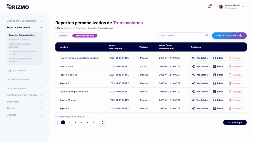 Reportes personalizados de Transacciones